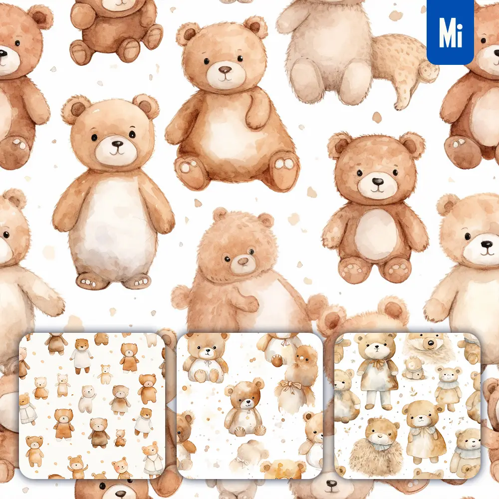 midjourney prompt bear dolls cute painting watercolor ink drawing pattern