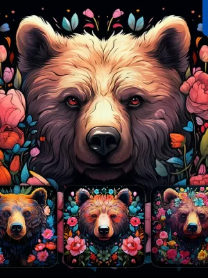 Midjourney Prompt Bear Front Head Face Flowers Artist Colorful Painting Illustration Tattoo Pattern