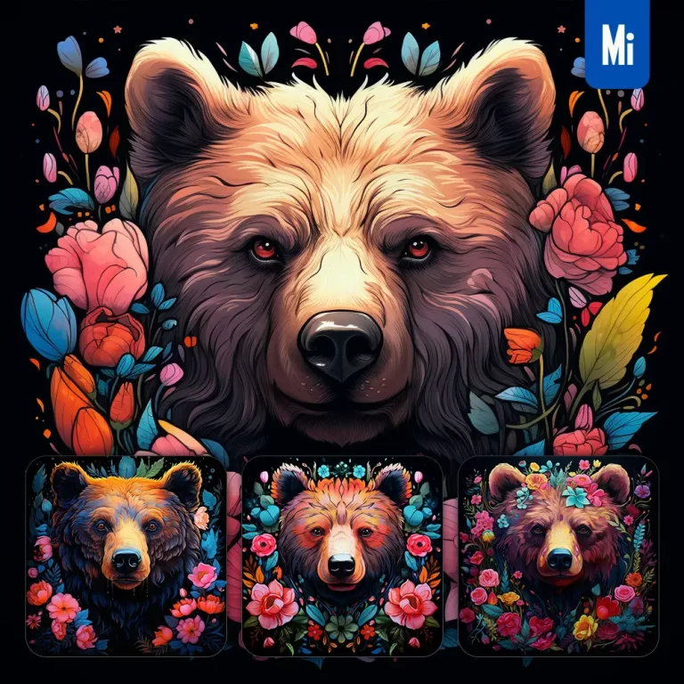 midjourney prompt bear front head face flowers artist colorful painting illustration tattoo pattern