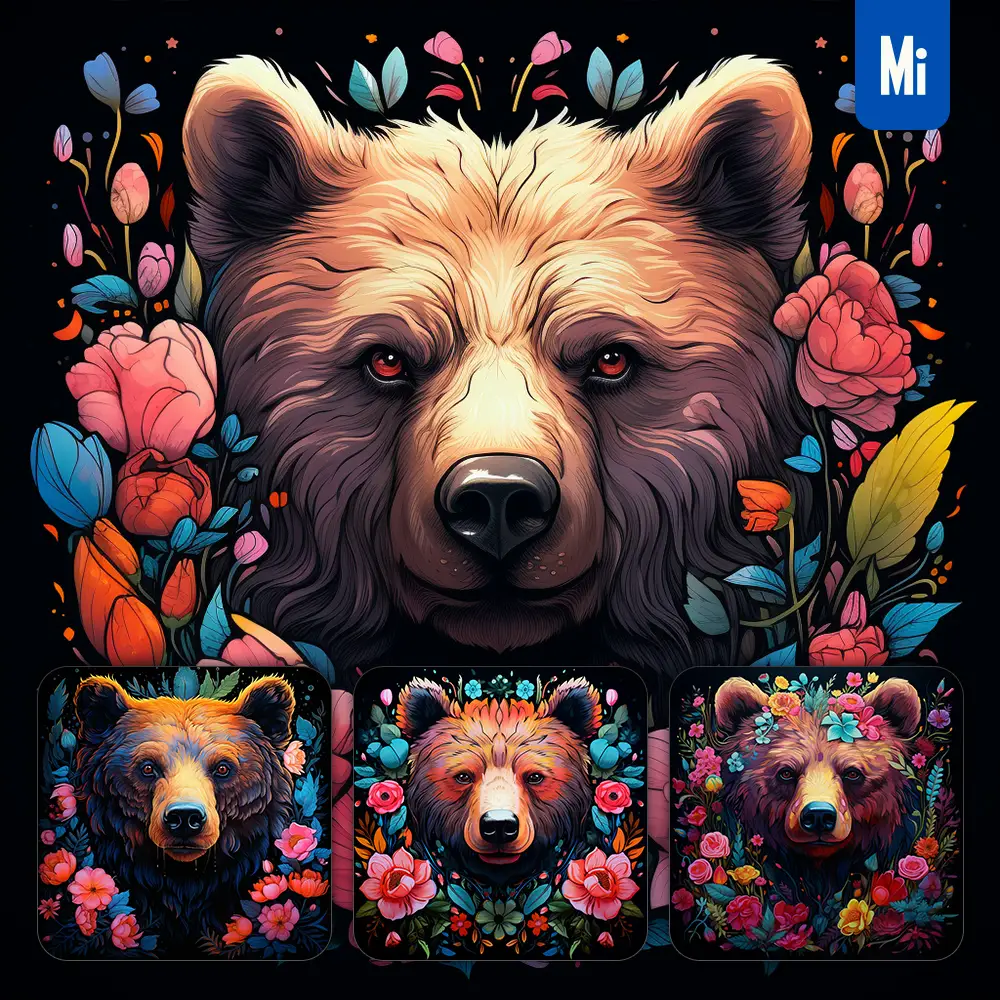 midjourney prompt bear front head face flowers artist colorful painting illustration tattoo pattern