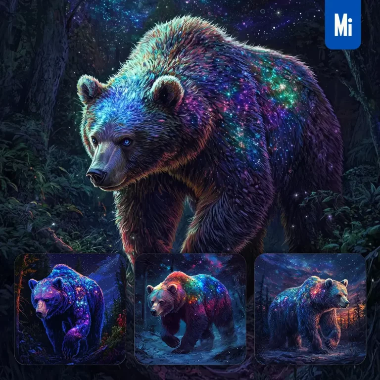 midjourney prompt bear night enchanted forest starry sky illustration painting