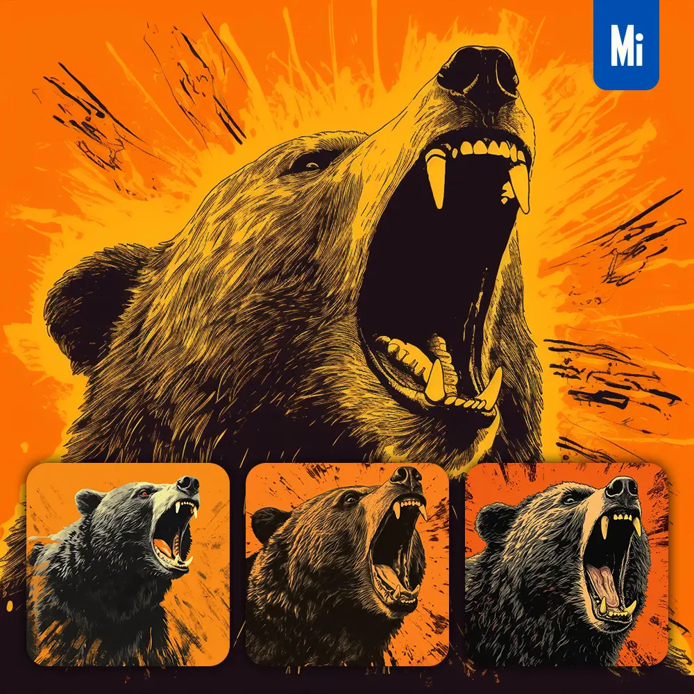 Midjourney Prompt Bear Woodprint Screaming Shout Black Orange Woodcut Print Engraving