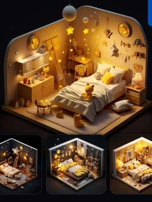 Midjourney Prompt Bedroom Indoor Home Scene Space 3d Isometric Model