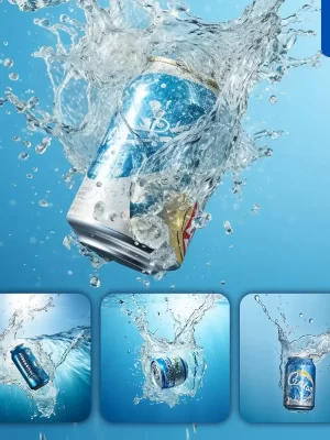 Midjourney Prompt Beer Beverage Can Underwater Splash Water Spray Photography