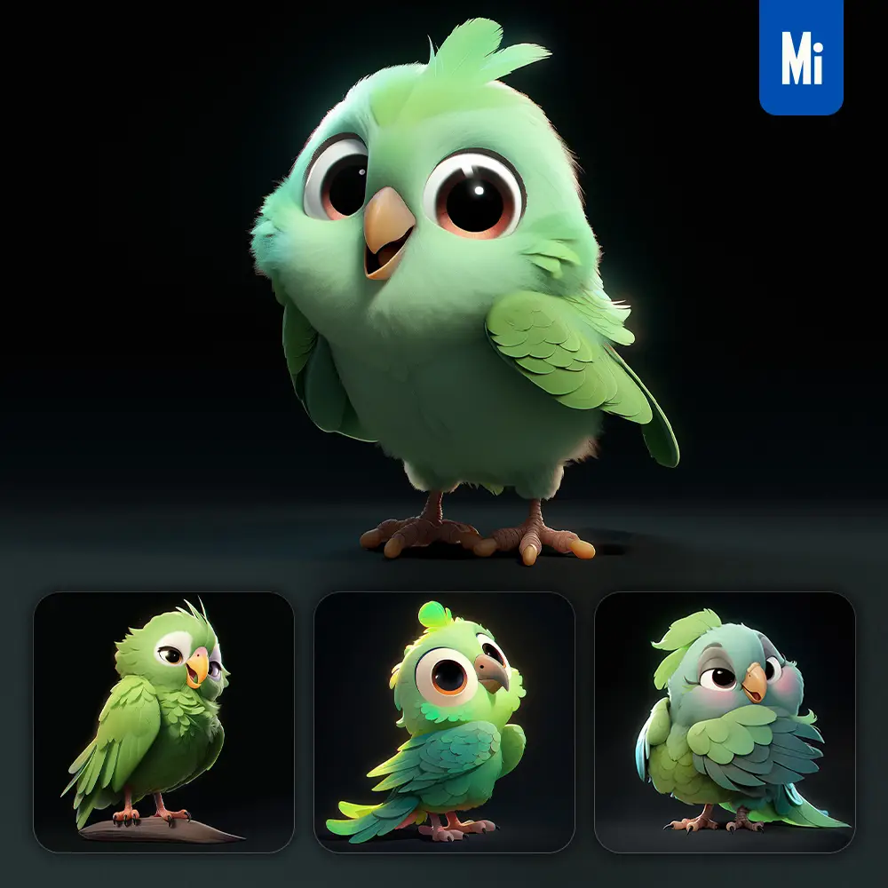 midjourney prompt bird parrot cute 3D cartoon IP character C4D animation