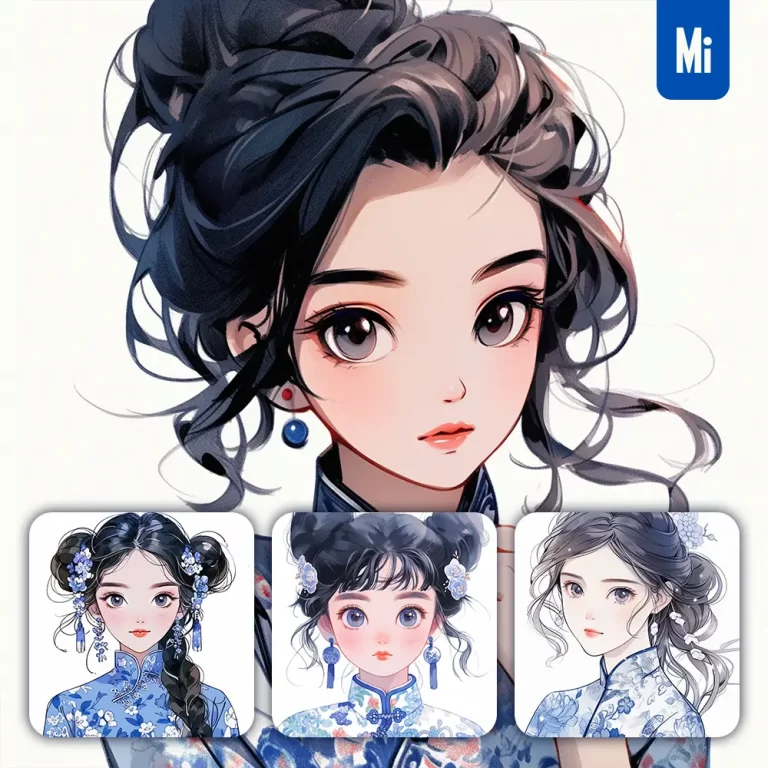 midjourney prompt blue Chinese girl woman cheongsam portrait cartoon illustration