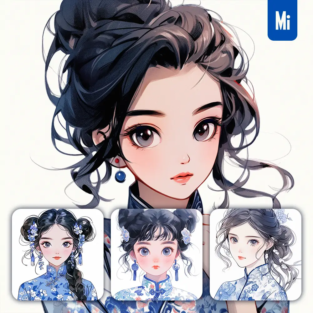 Midjourney Prompt Blue Chinese Girl Woman Cheongsam Portrait Cartoon Illustration