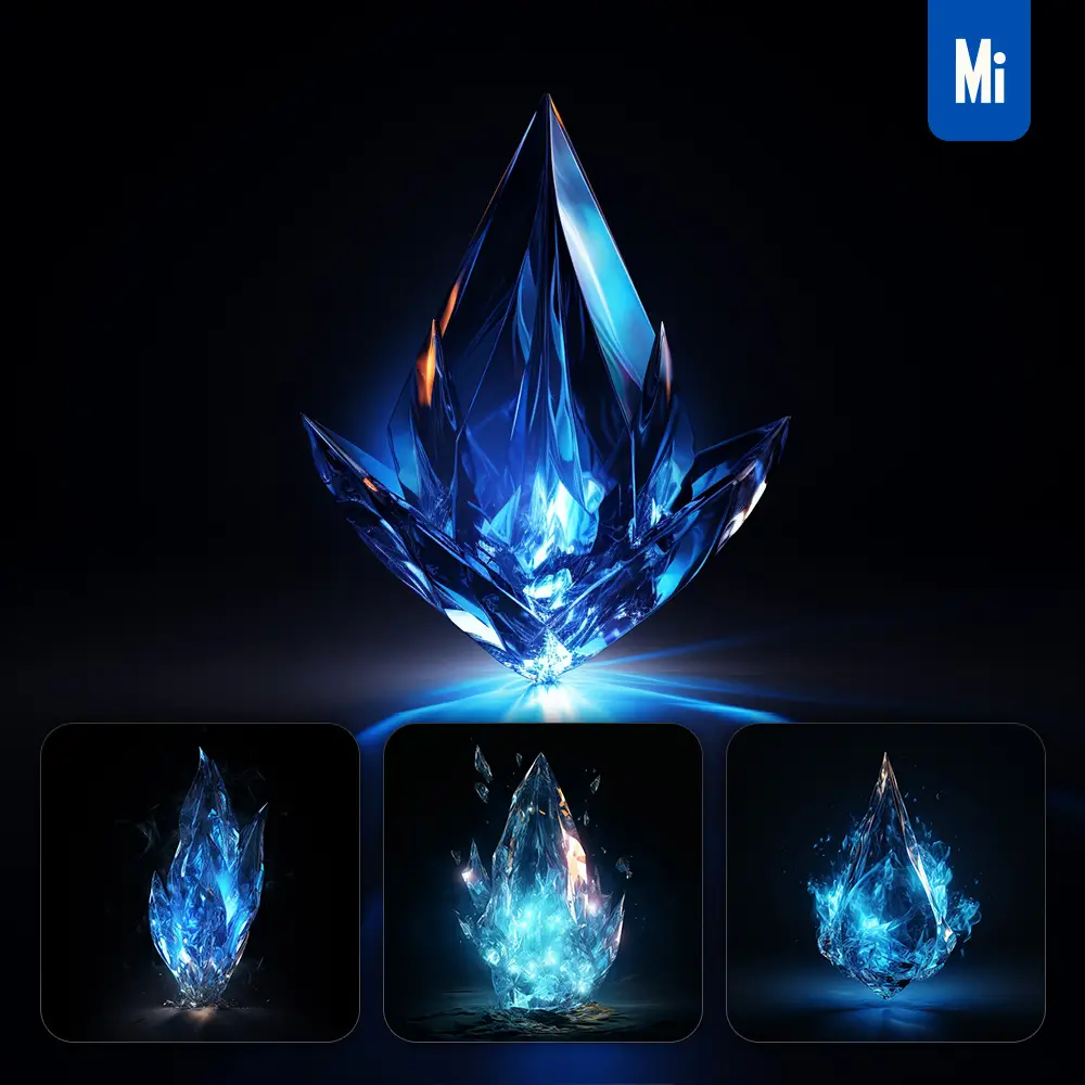 midjourney prompt blue flame ore glass crystal 3D transparent