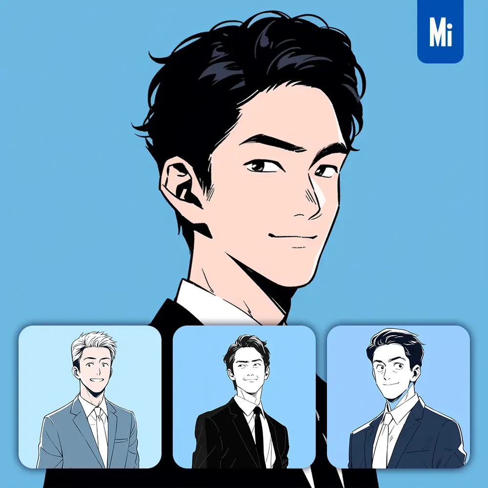 midjourney prompt blue man sir male lawyer suit animation character portrait cartoon illustration