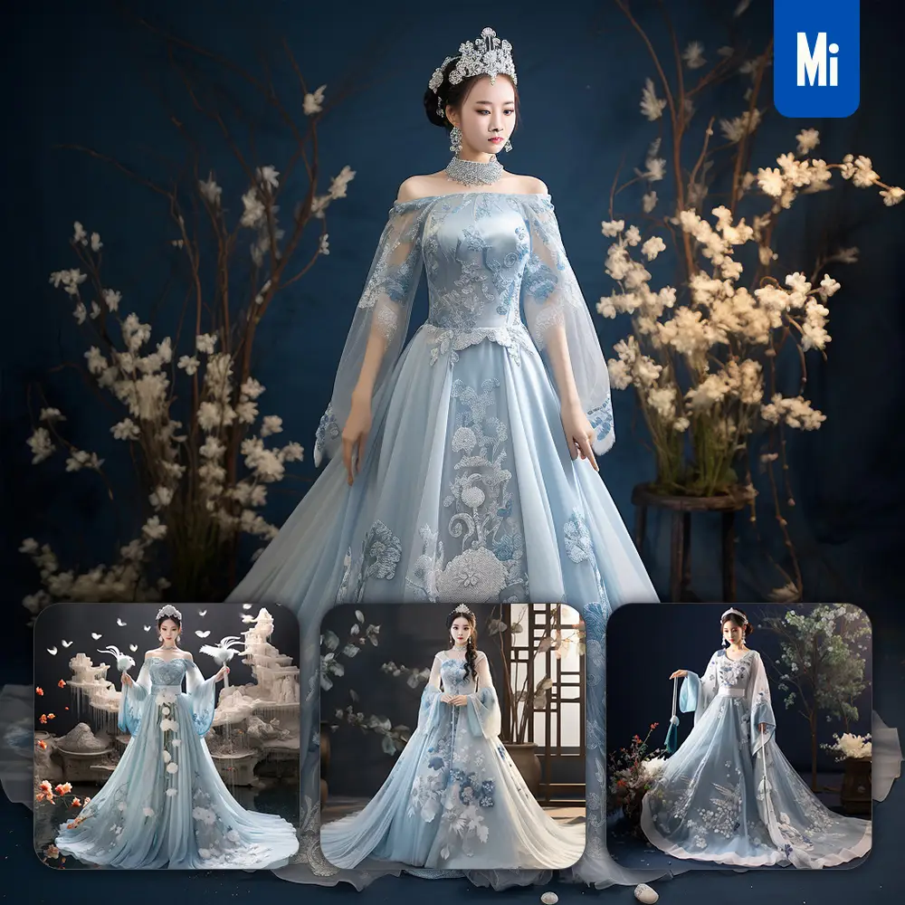 Midjourney Prompt Blue White Wedding Dress Fairy Chinese Traditional Model Apparel Design Skirt