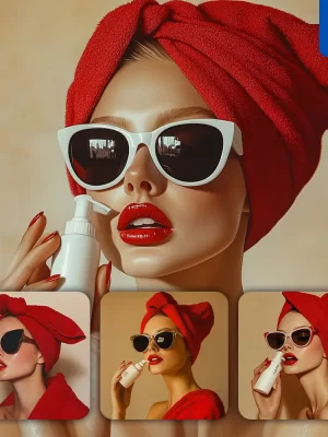 Midjourney Prompt Bottle Bath Wash Lotion Red Girl Woman Sunglasses Model Scouring Bath Portrait Fashion Photography