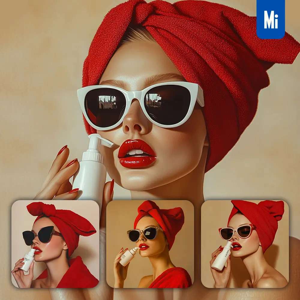 Midjourney Prompt Bottle Bath Wash Lotion Red Girl Woman Sunglasses Model Scouring Bath Portrait Fashion Photography