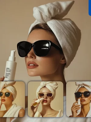 Midjourney Prompt Bottle Bath Wash Lotion White Girl Woman Sunglasses Model Scouring Bath Portrait Fashion Photography