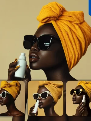 Midjourney Prompt Bottle Bath Wash Lotion Yellow African Girl Woman Sunglasses Model Scouring Bath Portrait Fashion Photography