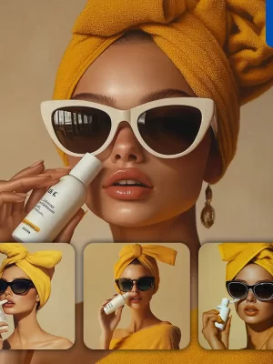 Midjourney Prompt Bottle Bath Wash Lotion Yellow Girl Woman Sunglasses Model Scouring Bath Portrait Fashion Photography