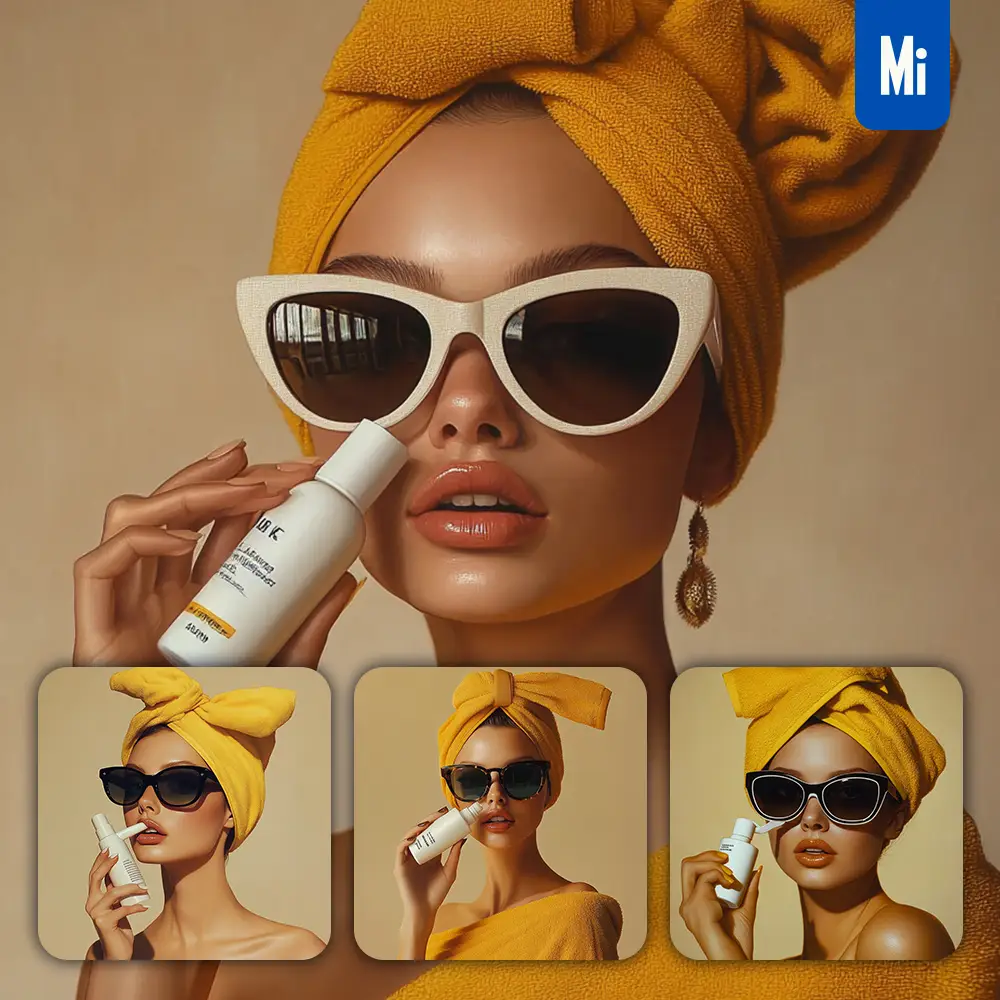midjourney prompt bottle bath wash lotion yellow girl woman sunglasses model scouring bath portrait fashion photography