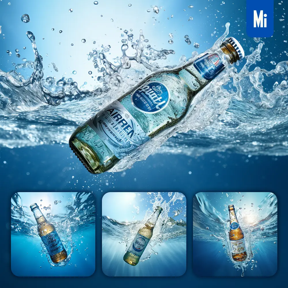 midjourney prompt bottle beer underwater splash water spray photography