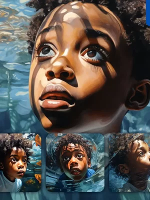 Midjourney Prompt Boy African Kids Children Diving Swimming Underwater Sea Face Oil Painting