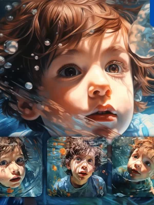 Midjourney Prompt Boy Baby Diving Swimming Underwater Sea Face Oil Painting