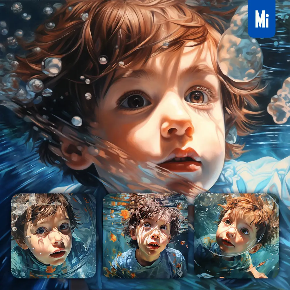 Midjourney Prompt Boy Baby Diving Swimming Underwater Sea Face Oil Painting