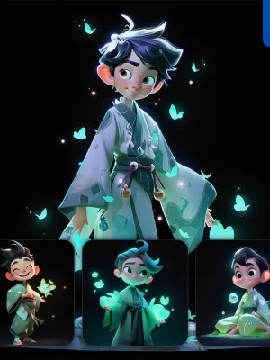 Midjourney Prompt Boy Cute Robe Green 3d Cartoon Ip Character C4d Animation