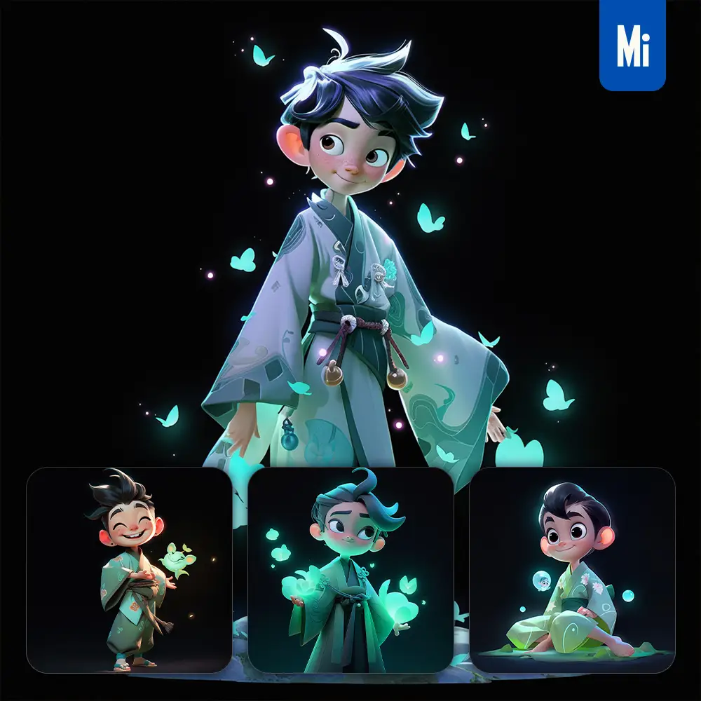 midjourney prompt boy cute robe green 3D cartoon IP character C4D animation