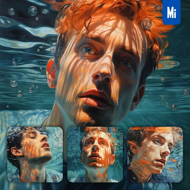 midjourney prompt boy man diving swimming underwater sea face oil painting