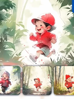 Midjourney Prompt Boy Run Red Play Happy Forest Ink Tree Watercolor Painting Illustration