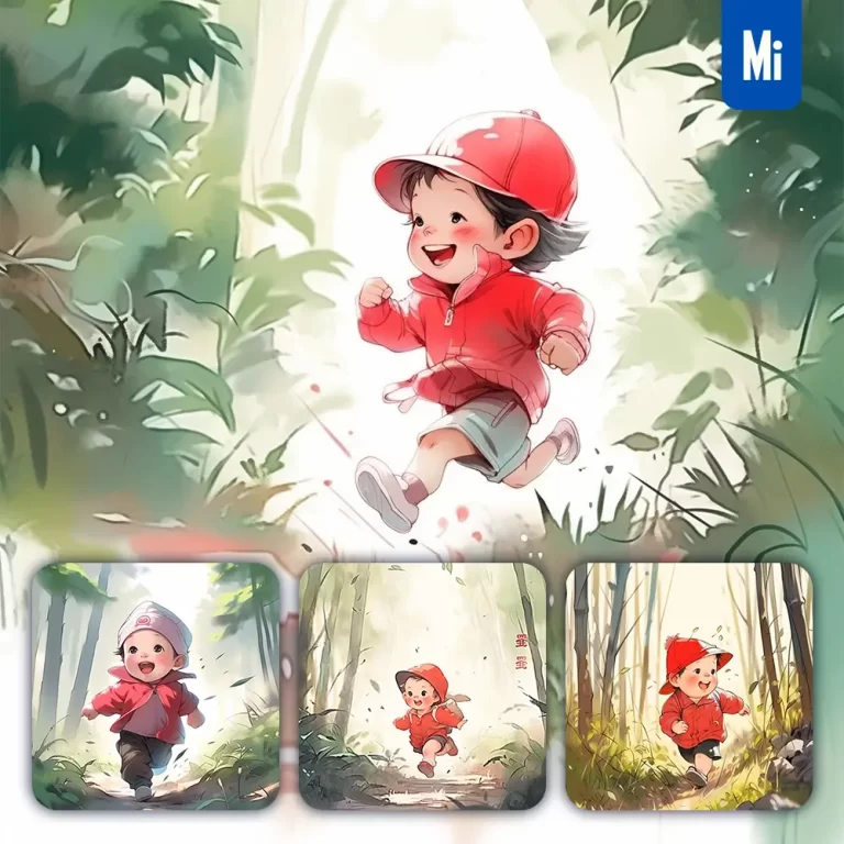 midjourney prompt boy run red play happy forest ink tree watercolor painting illustration