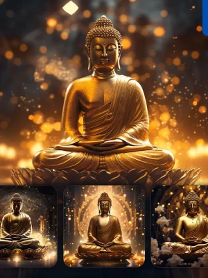 Midjourney Prompt Buddha Meditation Sit Light Golden Sparkling Lighting Material 3d