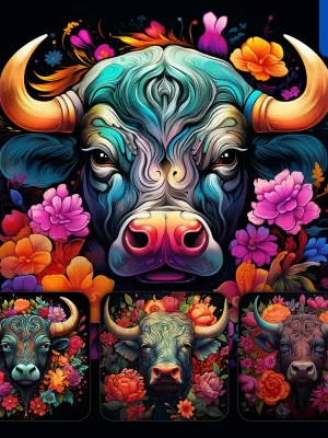 Midjourney Prompt Bull Cow Front Head Face Flowers Artist Colorful Painting Illustration Tattoo Pattern