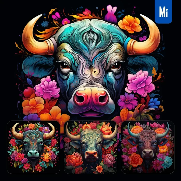 midjourney prompt bull cow front head face flowers artist colorful painting illustration tattoo pattern
