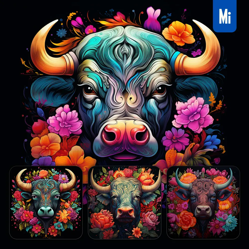 midjourney prompt bull cow front head face flowers artist colorful painting illustration tattoo pattern