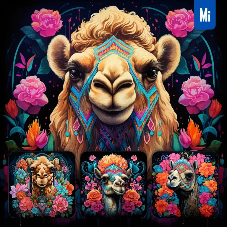 midjourney prompt camel front head face flowers artist colorful painting illustration tattoo pattern