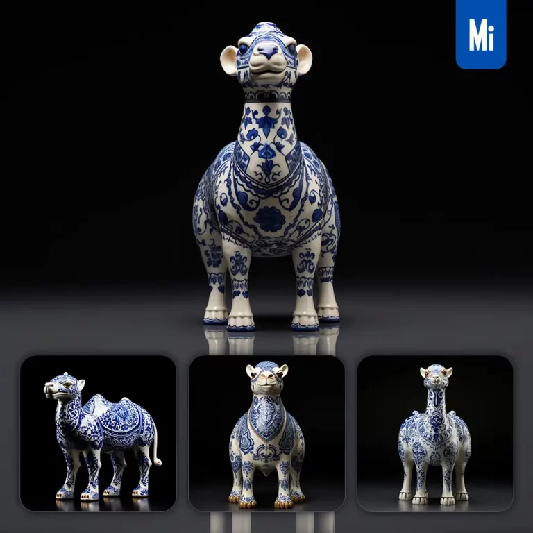 midjourney prompt camel porcelain blue animals Chinese China pattern 3D
