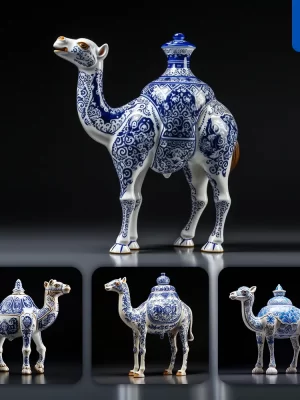 Midjourney Prompt Camel Side Porcelain Blue Animals Chinese China Pattern 3d