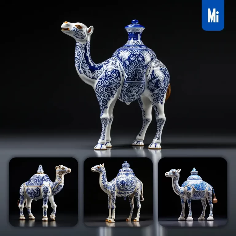midjourney prompt camel side porcelain blue animals Chinese China pattern 3D