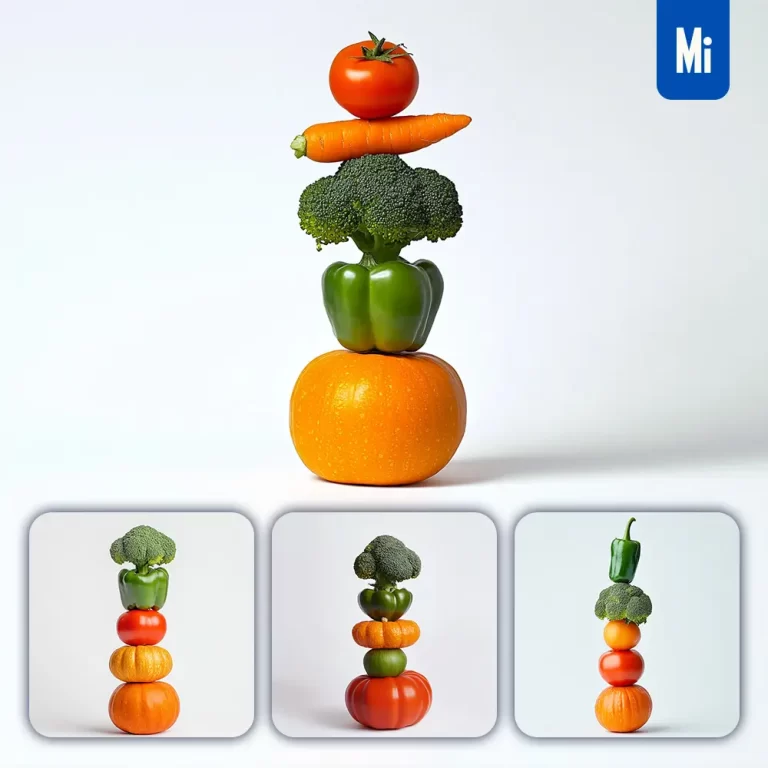 midjourney prompt carrot pepper tomato pumpkin broccoli connected vegetables stack photography