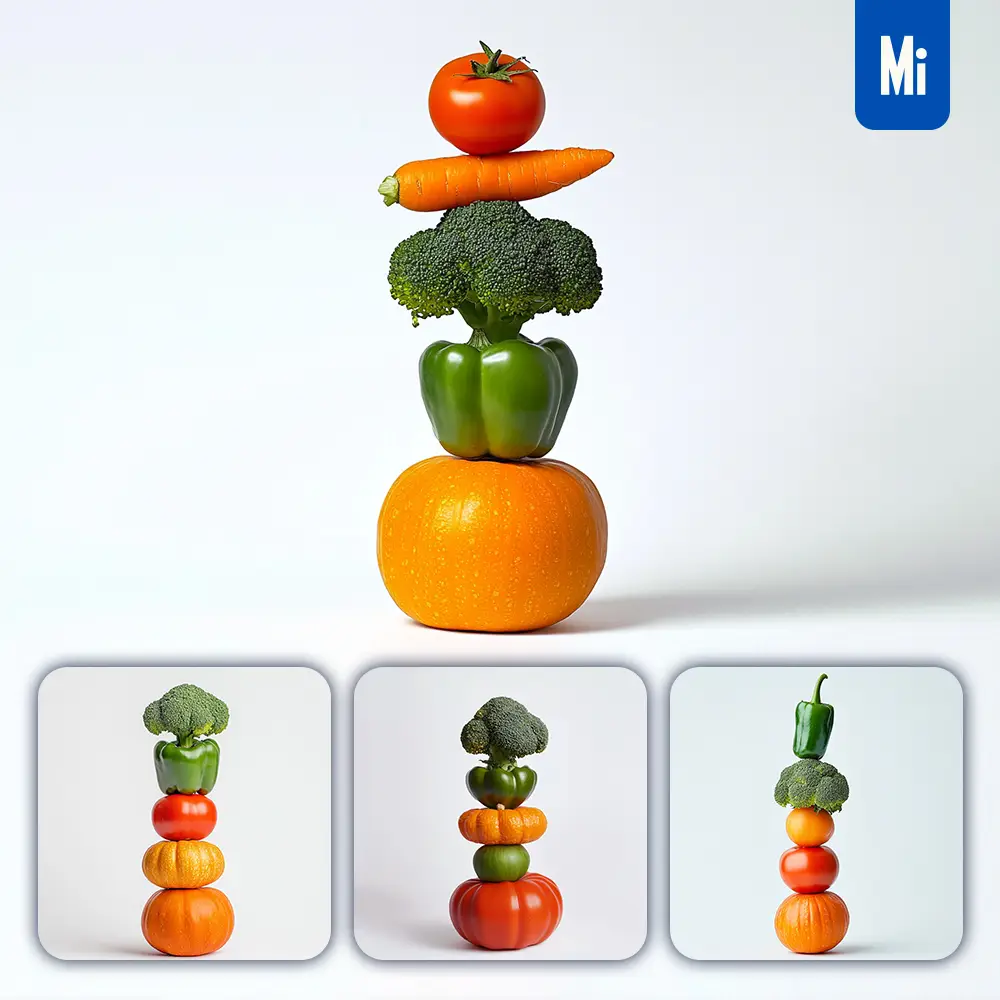 midjourney prompt carrot pepper tomato pumpkin broccoli connected vegetables stack photography
