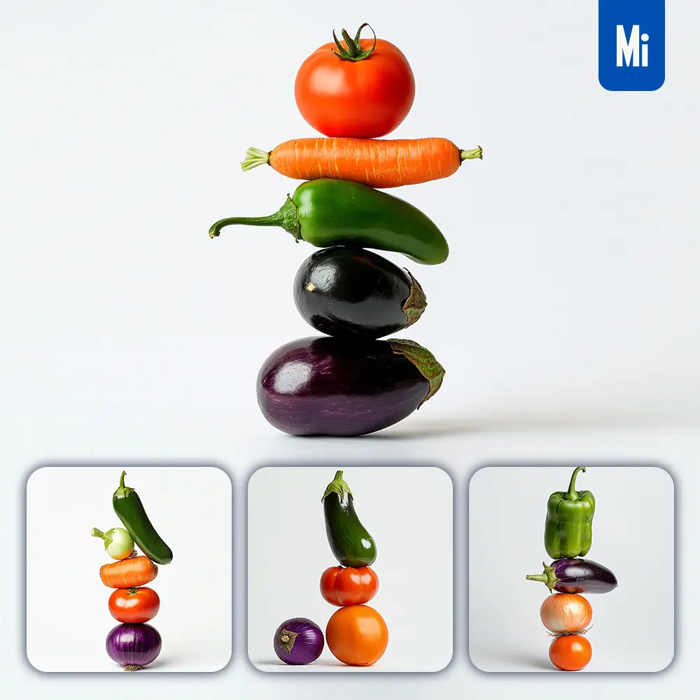 Midjourney Prompt Carrot Pepper Tomato Safflower Eggplant Onion Connected Vegetables Stack Photography