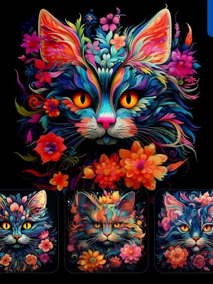 Midjourney Prompt Cat Flowers Head Face Artist Neon Colorful Painting Illustration