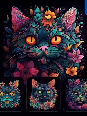 Midjourney Prompt Cat Front Head Face Flowers Artist Colorful Painting Illustration