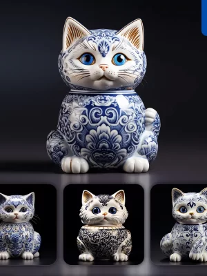 Midjourney Prompt Cat Porcelain Blue Animals Chinese China Pattern 3d