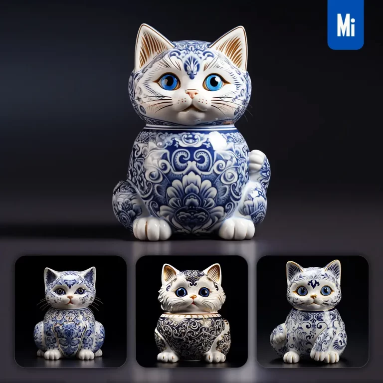 midjourney prompt cat porcelain blue animals Chinese China pattern 3D