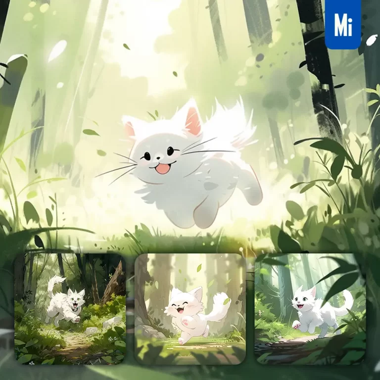 midjourney prompt cat run happy forest ink tree watercolor painting illustration