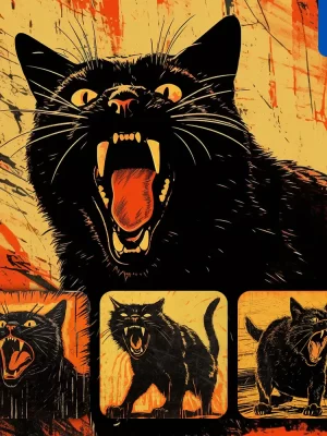 Midjourney Prompt Cat Woodprint Screaming Shout Black Orange Woodcut Print Engraving