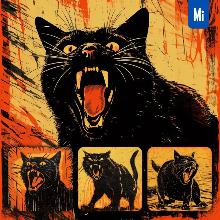 midjourney prompt cat woodprint screaming shout black orange woodcut print engraving