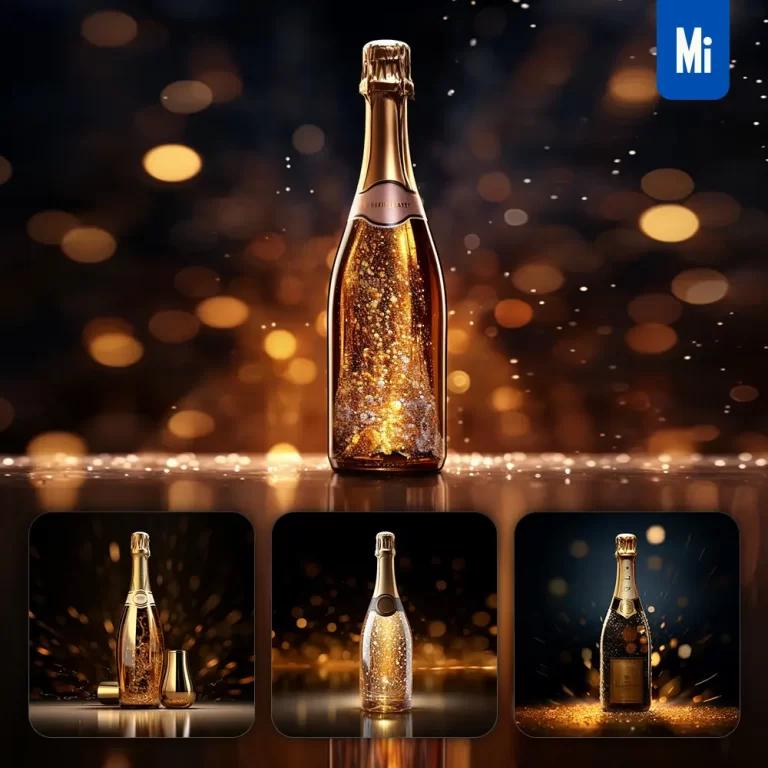 midjourney prompt champagne bubbly bottle light golden sparkling lighting material 3D