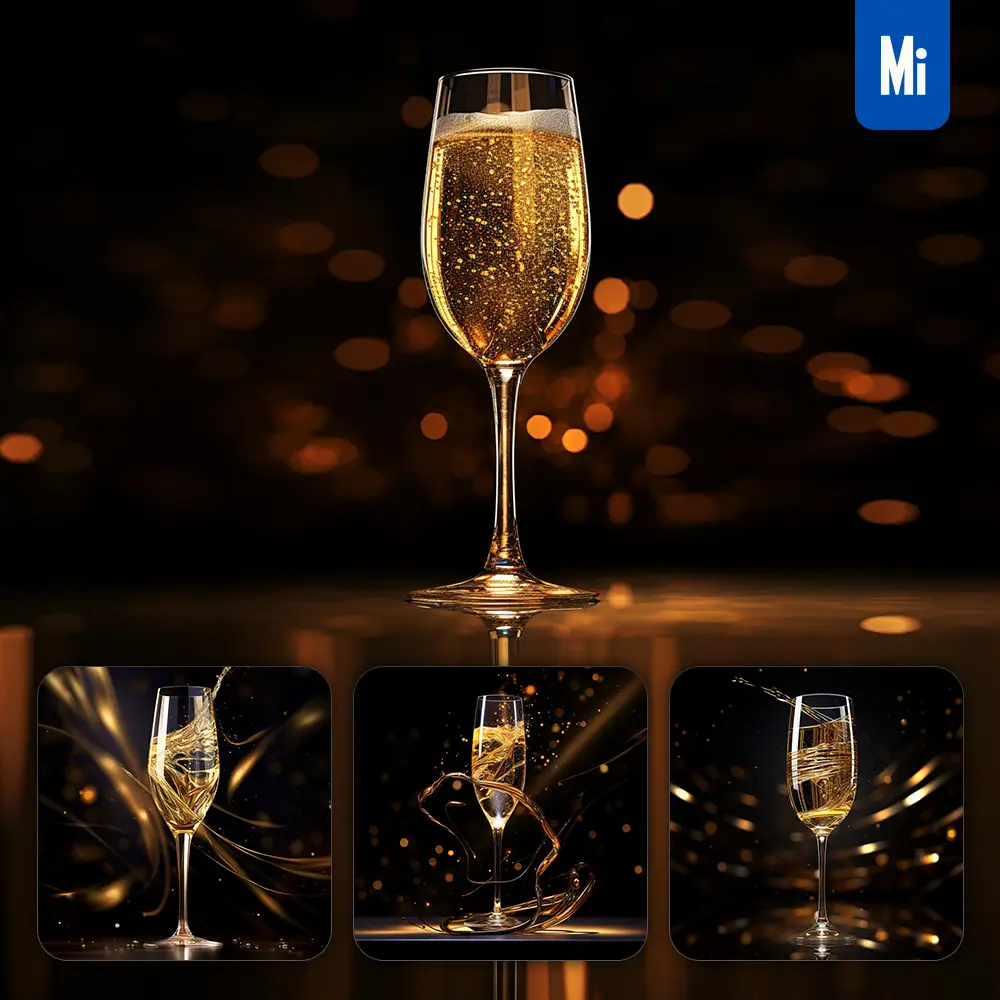 midjourney prompt champagne bubbly goblet glass light golden sparkling lighting material 3D
