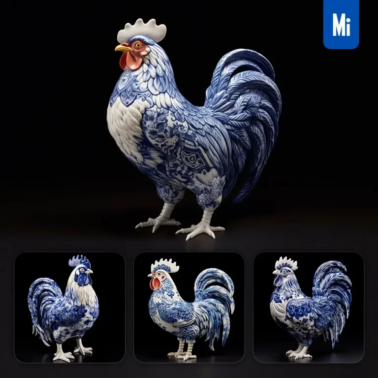 midjourney prompt chicken rooster porcelain blue animals Chinese China pattern 3D
